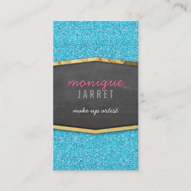 GLAMOROUS gold chalkboard panel glitter aqua blue Business Card (Front)