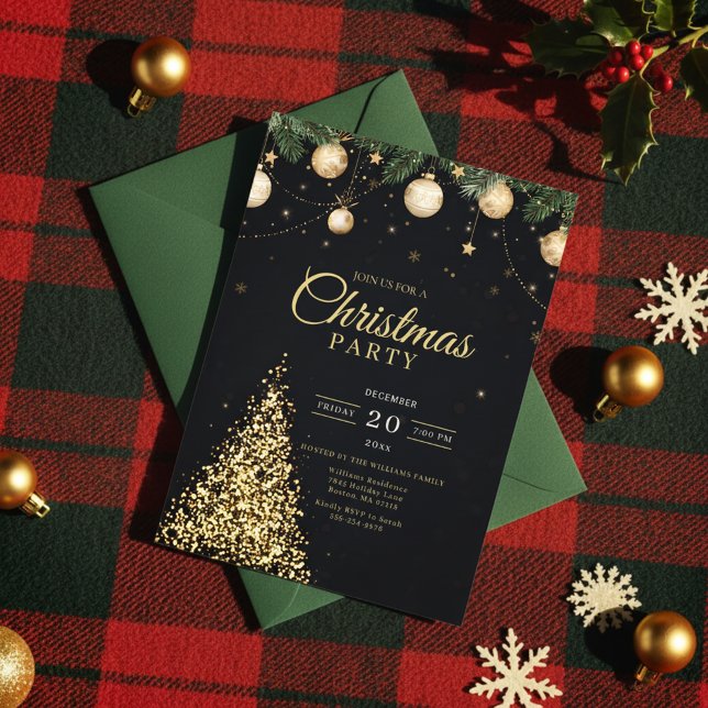 Glamorous Gold Christmas Tree Party Invite (Modern Holiday Invitation)