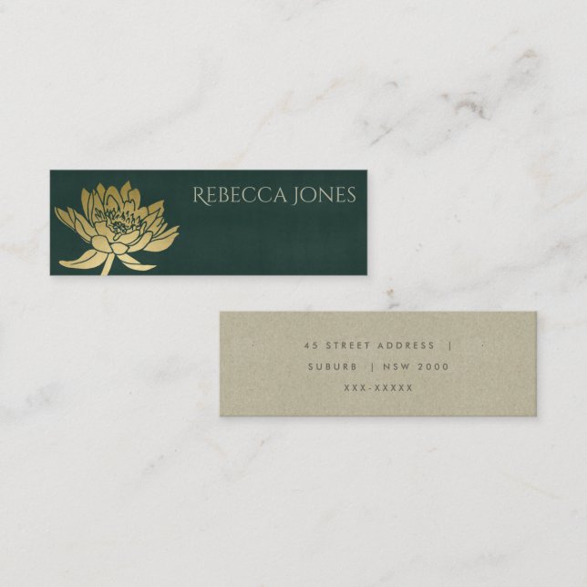 GLAMOROUS GOLD DARK GREEN  LOTUS FLORAL  ADDRESS MINI BUSINESS CARD (Front/Back)