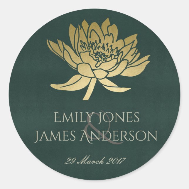 GLAMOROUS GOLD DARK GREEN  LOTUS FLORAL  MONOGRAM CLASSIC ROUND STICKER (Front)
