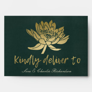 GLAMOROUS GOLD DARK GREEN LOTUS FLORAL  MONOGRAM ENVELOPES