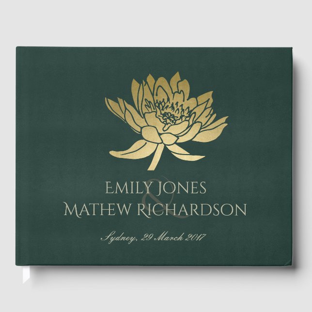 GLAMOROUS GOLD DARK GREEN  LOTUS FLORAL MONOGRAM GUEST BOOK (Front)