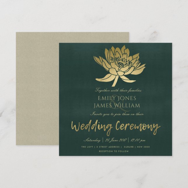 GLAMOROUS GOLD DARK GREEN LOTUS FLORAL WEDDING INVITATION (Front/Back)