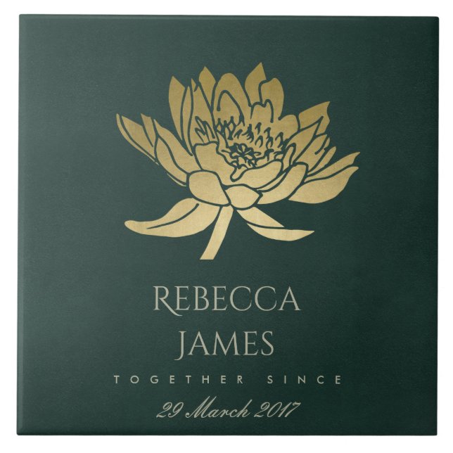 GLAMOROUS GOLD DARK GREEN LOTUS SAVE THE DATE GIFT TILE (Front)