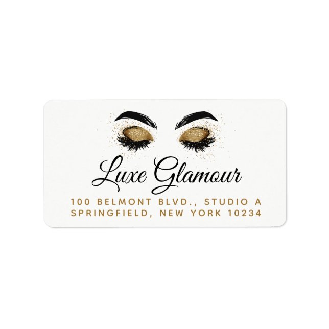 Glamorous Gold Eye Lashes Brows Makeup Bar Address Label (Front)