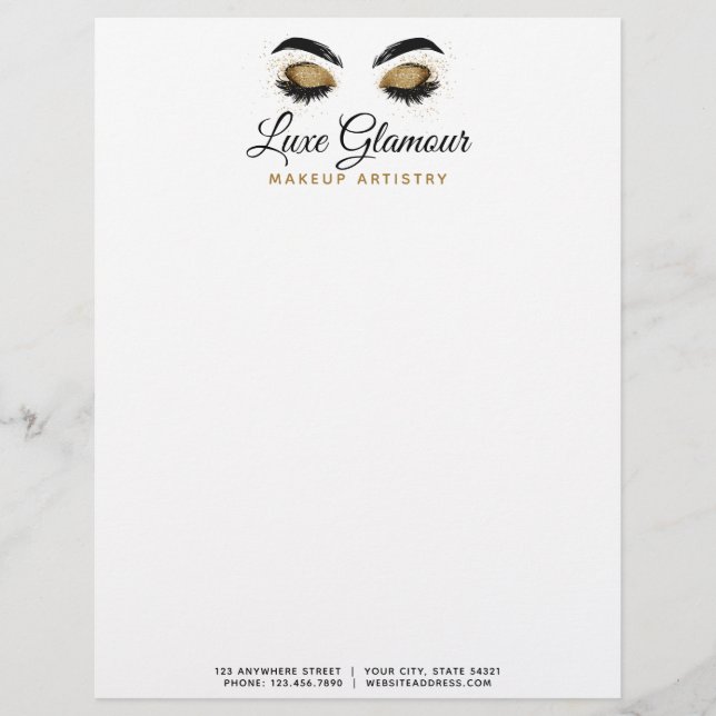 Glamorous Gold Eye Lashes Makeup Artist Beauty Bar Custom Letterhead (Front)