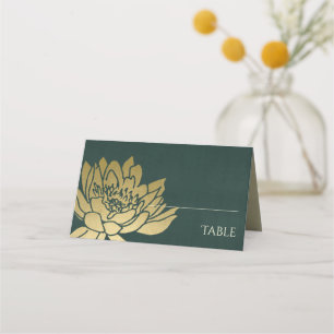 GLAMOROUS GOLD FAUX DARK GREEN LOTUS FLORAL PLACE CARD