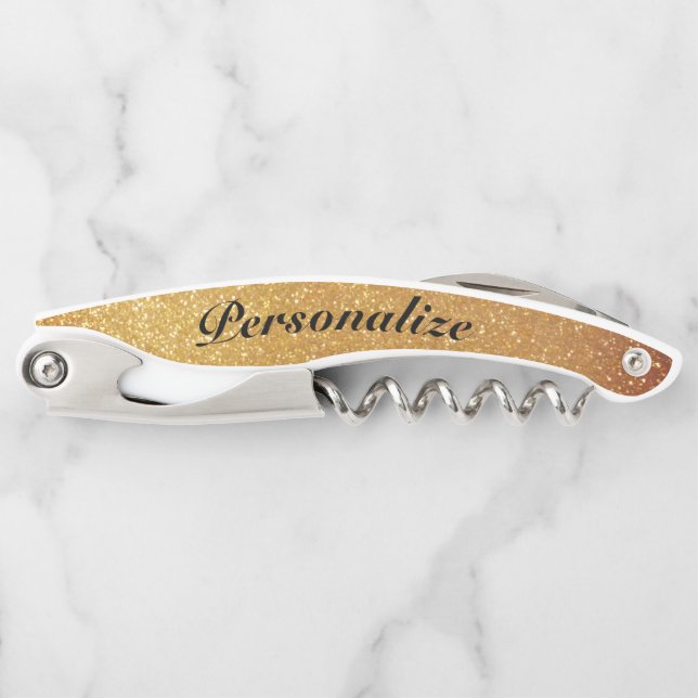 Glamorous gold glitter custom corkscrew opener (Front)