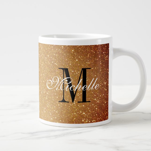 Glamorous gold glitter monogram extra large size large coffee mug (Right)