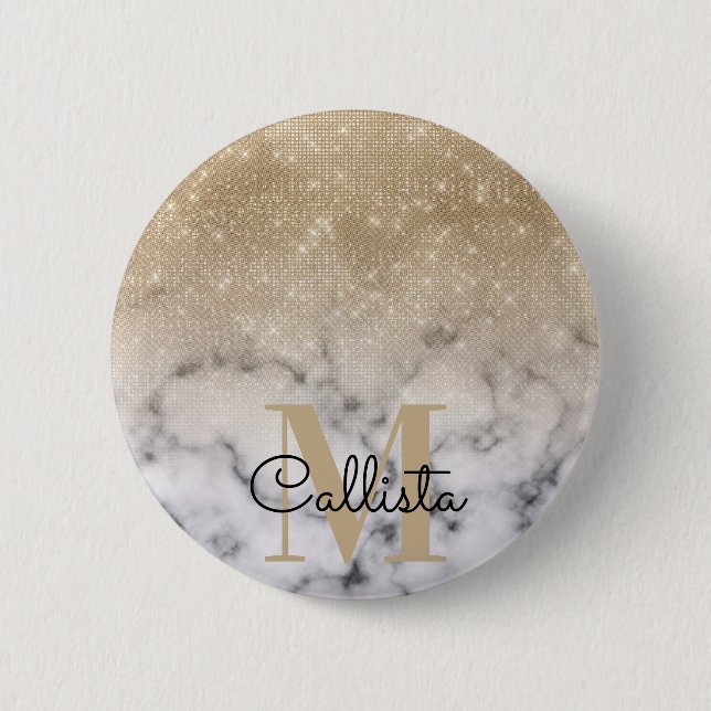 Glamorous Gold Glitter White Marble Ombre Monogram 6 Cm Round Badge (Front)