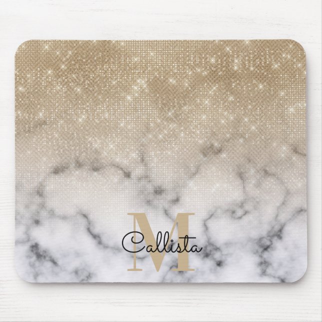 Glamorous Gold Glitter White Marble Ombre Monogram Mouse Mat (Front)