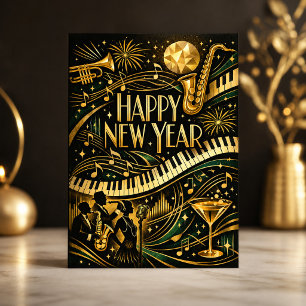 Glamorous Gold Jazz Art Deco New Year Holiday Card