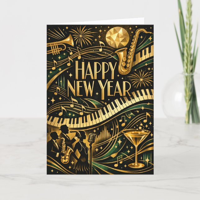 Glamorous Gold Jazz Art Deco New Year Holiday Card (Front)
