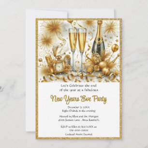 Glamorous  Gold on White New Year's Eve Party  Invitation