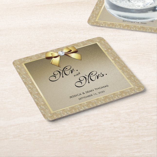 Glamorous Gold & Stylish Gem Wedding Square Paper Coaster (Angled)
