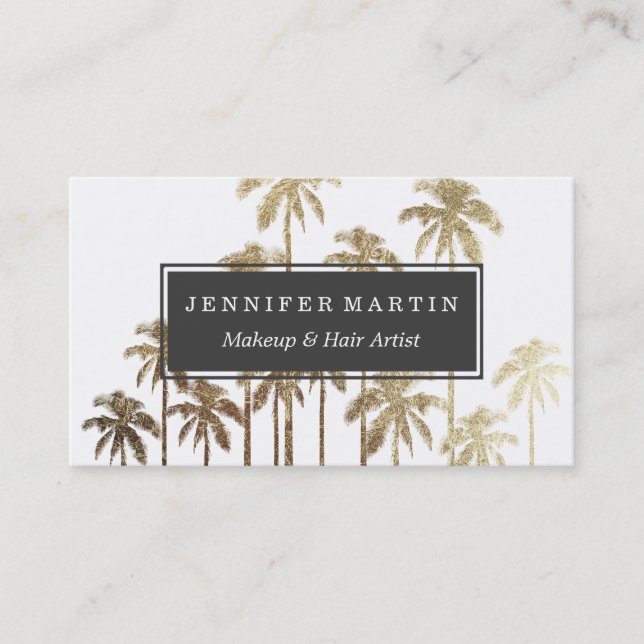 Glamorous Gold Tropical Palm Trees on White Business Card (Front)