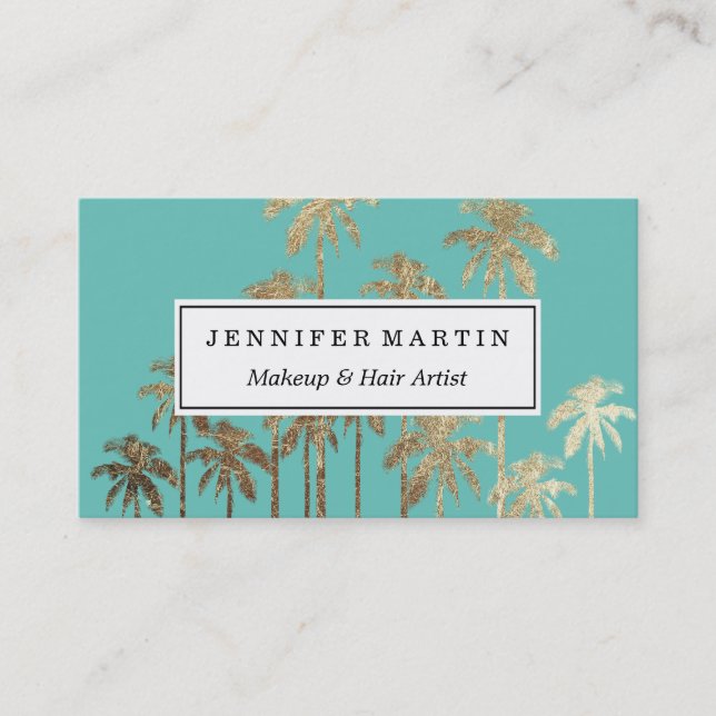 Glamorous Gold Tropical Palm Trees Turquoise Green Business Card (Front)
