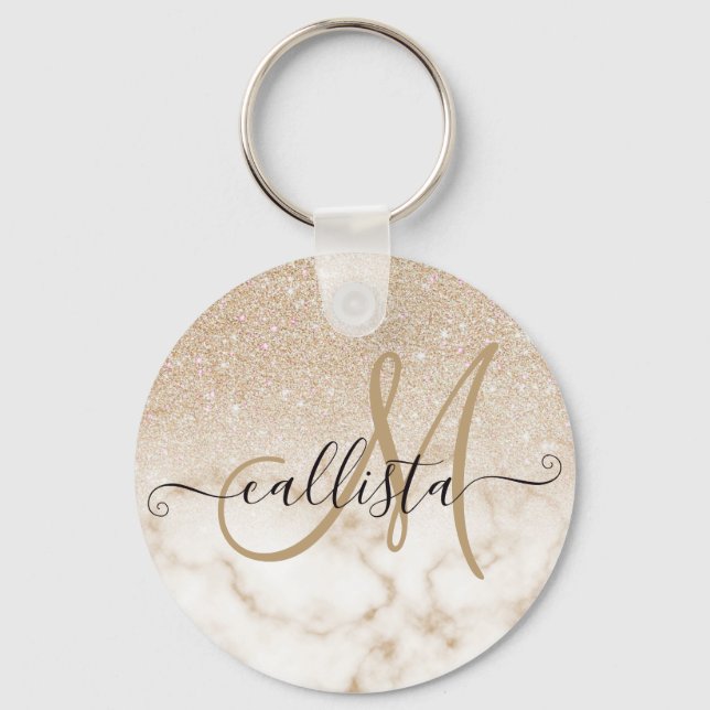 Glamorous Gold White Glitter Marble Gradient Ombre Key Ring (Front)