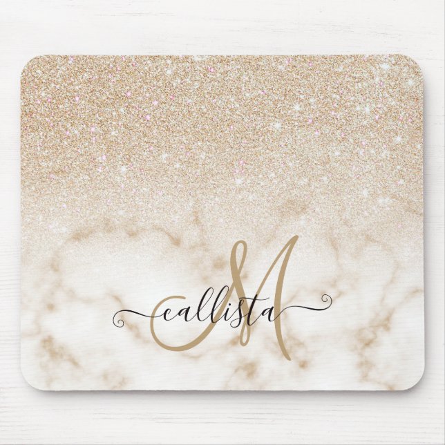 Glamorous Gold White Glitter Marble Gradient Ombre Mouse Mat (Front)