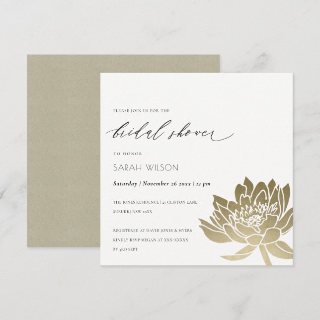 GLAMOROUS GOLD WHITE LOTUS FLORAL BRIDAL SHOWER INVITATION (Front/Back)