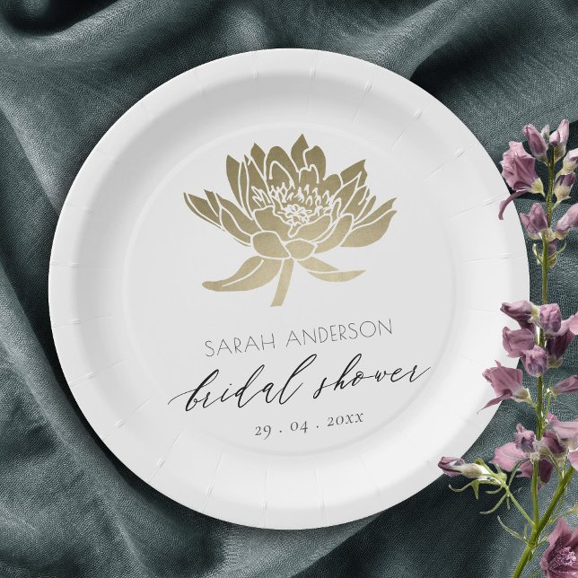 GLAMOROUS GOLD WHITE LOTUS FLORAL  BRIDAL SHOWER PAPER PLATE (Creator Uploaded)