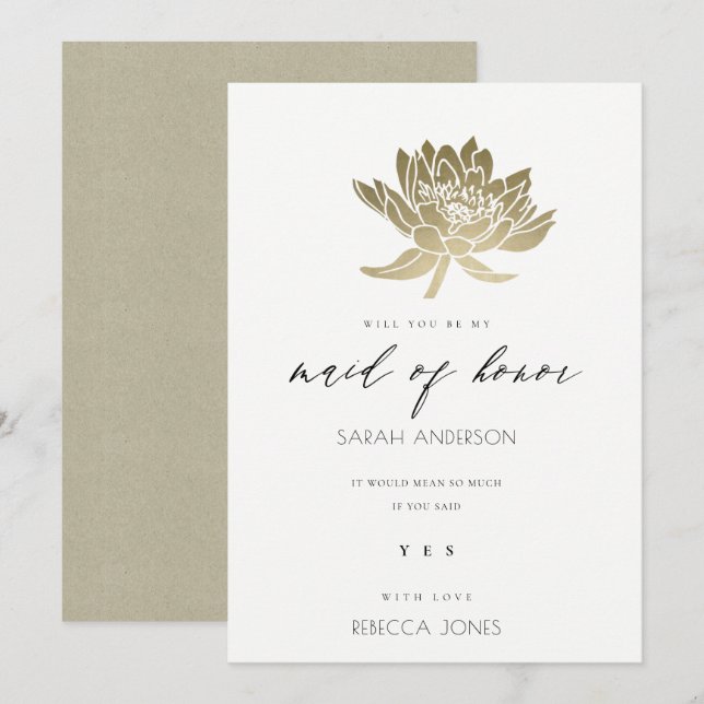 GLAMOROUS GOLD WHITE LOTUS FLORAL MAID OF HONOUR INVITATION (Front/Back)