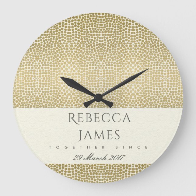 GLAMOROUS GOLD WHITE MOSAIC DOT SAVE THE DATE GIFT LARGE CLOCK (Front)