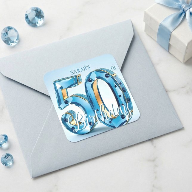 Glamorous Light Blue Jewel 50th Birthday Square Sticker (Creator Uploaded)