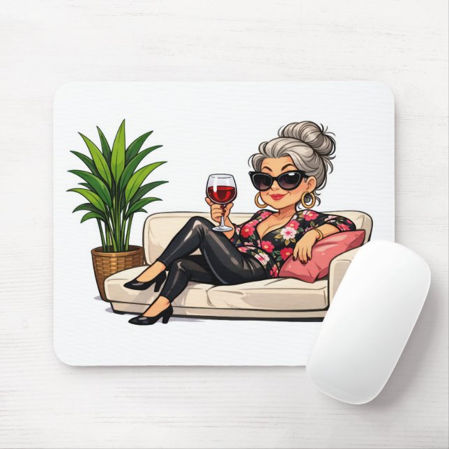 Glamorous Old Lady With Wine Mouse Mat (With Mouse)