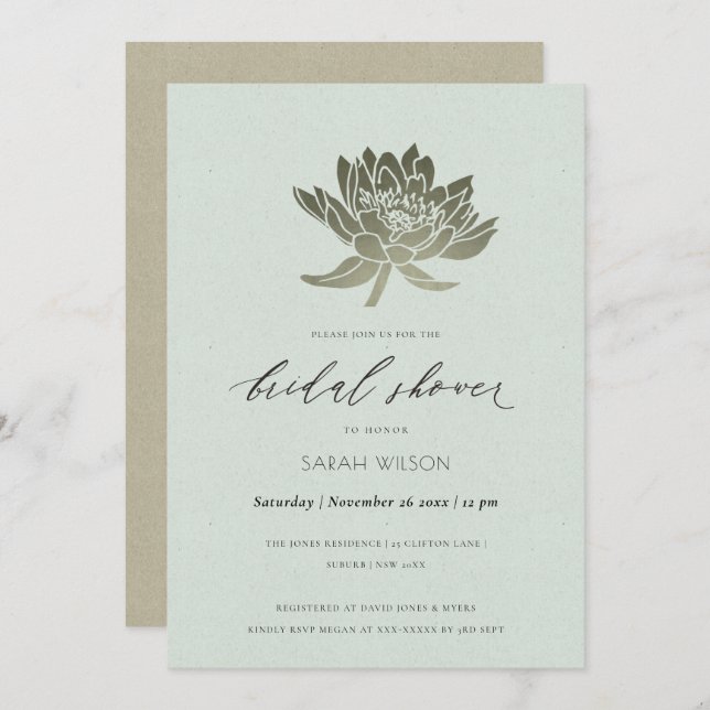 GLAMOROUS PALE BLUE SILVER LOTUS BRIDAL SHOWER INVITATION (Front/Back)