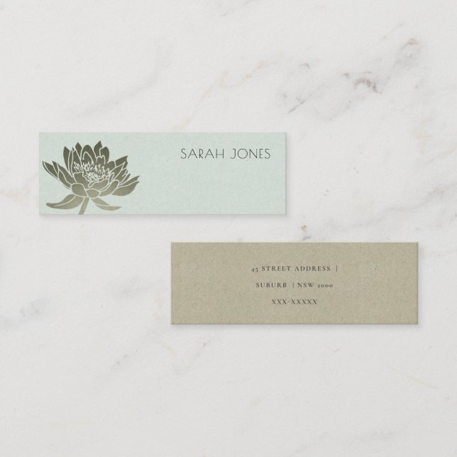 GLAMOROUS PALE BLUE SILVER LOTUS FLORAL  ADDRESS MINI BUSINESS CARD (Front/Back)