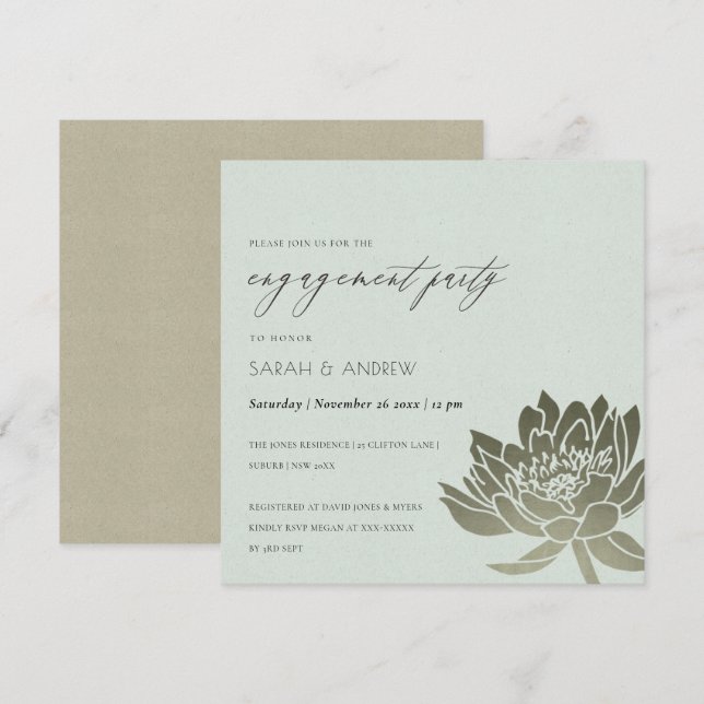 GLAMOROUS PALE BLUE SILVER LOTUS FLORAL ENGAGEMENT INVITATION (Front/Back)