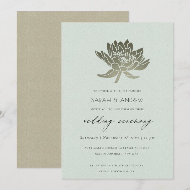 GLAMOROUS PALE BLUE SILVER  LOTUS FLORAL WEDDING INVITATION (Front/Back)