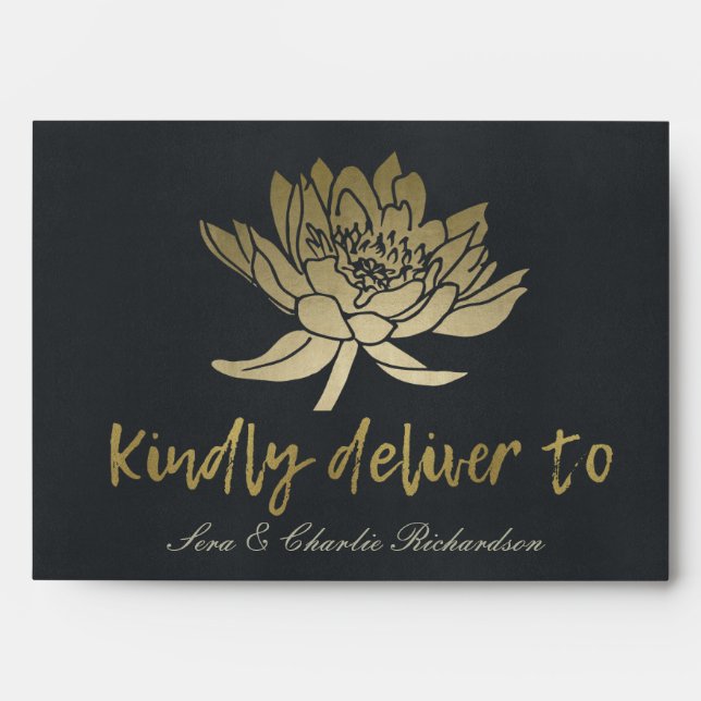GLAMOROUS PALE GOLD BLACK LOTUS FLORAL  MONOGRAM ENVELOPE (Front)