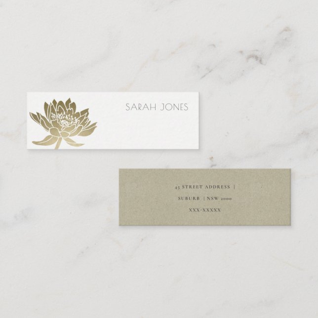 GLAMOROUS PALE GOLD WHITE LOTUS FLORAL  ADDRESS MINI BUSINESS CARD (Front/Back)