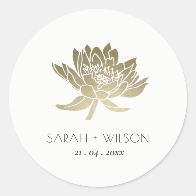 GLAMOROUS PALE GOLD WHITE LOTUS FLORAL  MONOGRAM CLASSIC ROUND STICKER (Front)