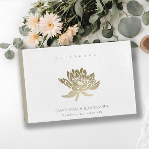 GLAMOROUS PALE GOLD WHITE LOTUS FLORAL MONOGRAM GUEST BOOK