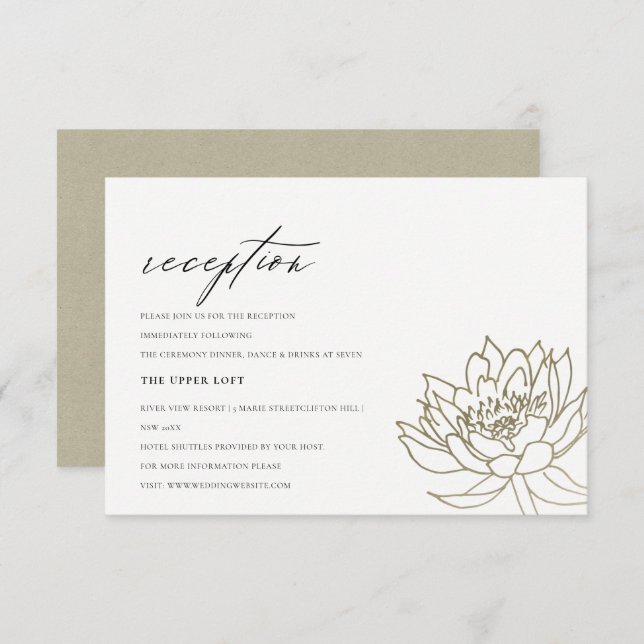 GLAMOROUS PALE GOLD WHITE LOTUS FLORAL RECEPTION INVITATION (Front/Back)