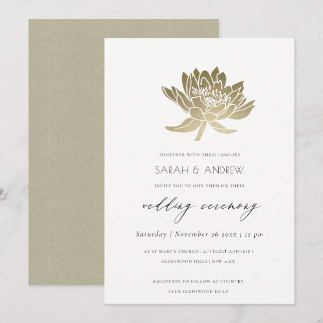 GLAMOROUS PALE GOLD WHITE LOTUS FLORAL WEDDING INVITATION (Front/Back)
