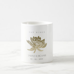 GLAMOROUS PALE GOLD WHITE LOTUS SAVE THE DATE GIFT COFFEE MUG