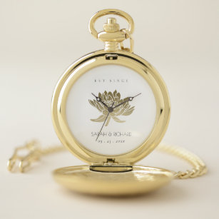 GLAMOROUS PALE GOLD WHITE LOTUS SAVE THE DATE GIFT POCKET WATCH