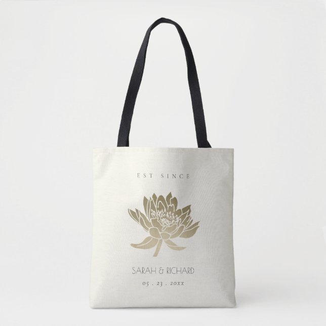 GLAMOROUS PALE GOLD WHITE LOTUS SAVE THE DATE GIFT TOTE BAG (Front)