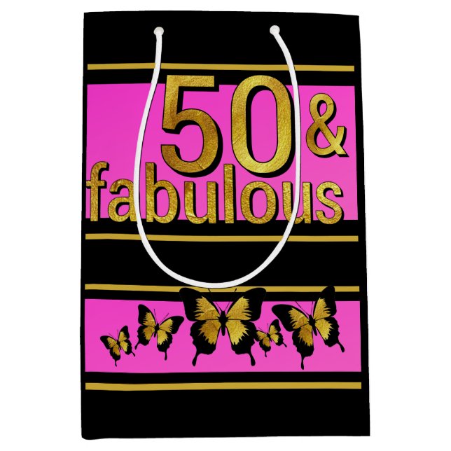 GLAMOROUS PINK BLACK GOLDEN FABULOUS 5O BUTTERFLY MEDIUM GIFT BAG (Front)