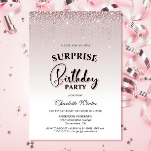 Glamorous Pink Diamonds Surprise Birthday Party Invitation