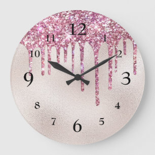 Glamorous Pink Glitter Dripping on Champagne Pearl Large Clock