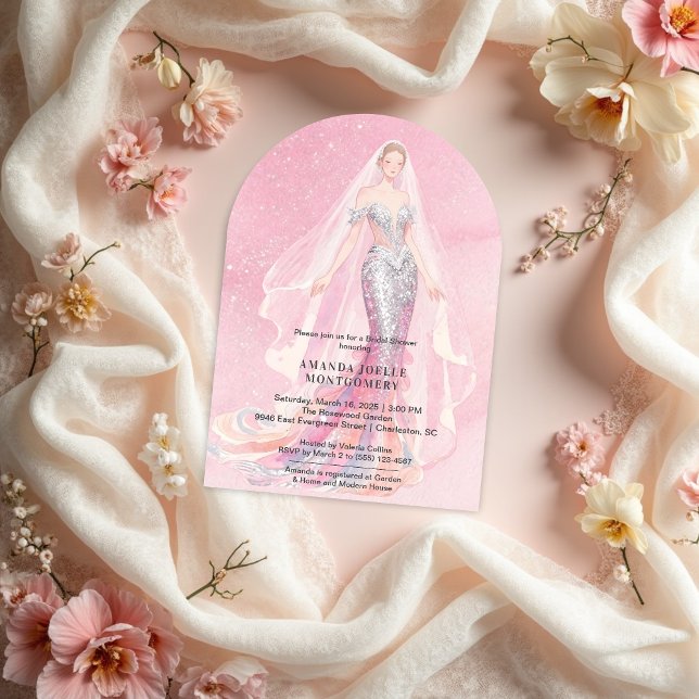 Glamorous Pink Glitter Mermaid Style Bride Dressed Invitation (Glamorous Pink Glitter Mermaid Style Bride Dressed Bridal Shower Wedding Invitations Design. )