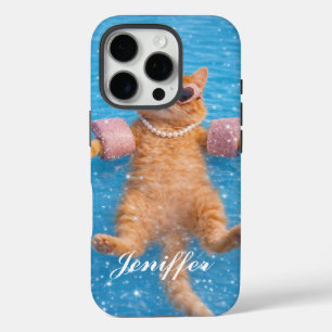 Glamorous Poolside Cat Floating In Style iPhone 16 Pro Case