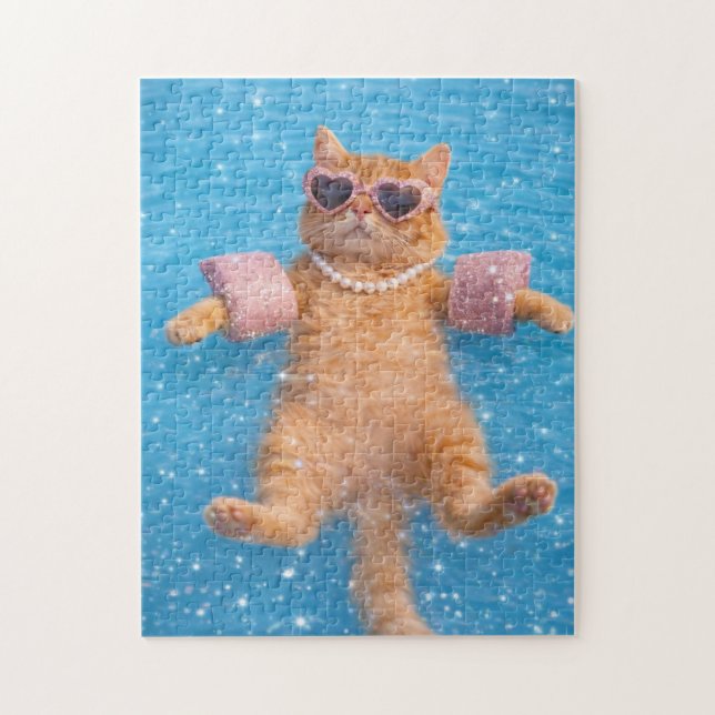 Glamorous Poolside Cat Floating In Style           Jigsaw Puzzle (Vertical)