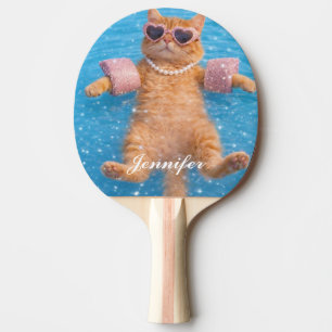 Glamorous Poolside Cat Floating In Style Ping Pong Paddle