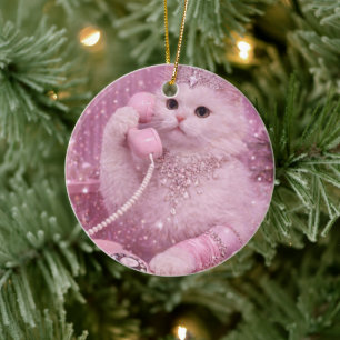 Glamorous Princess Cat Using Pink Telephone Ceramic Tree Decoration